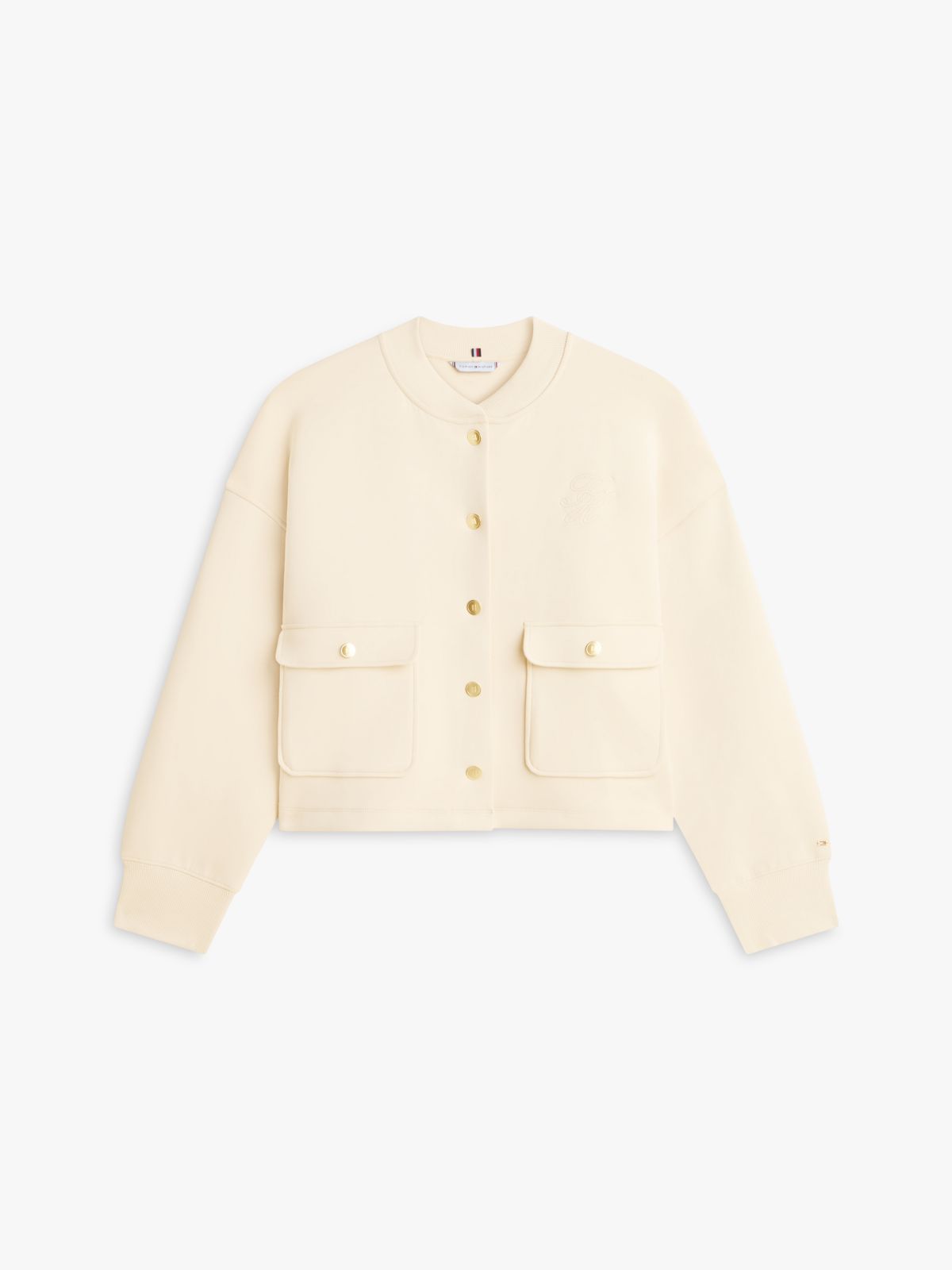 Gold-Tone Button Interlock Knit Relaxed Cardigan — Beige