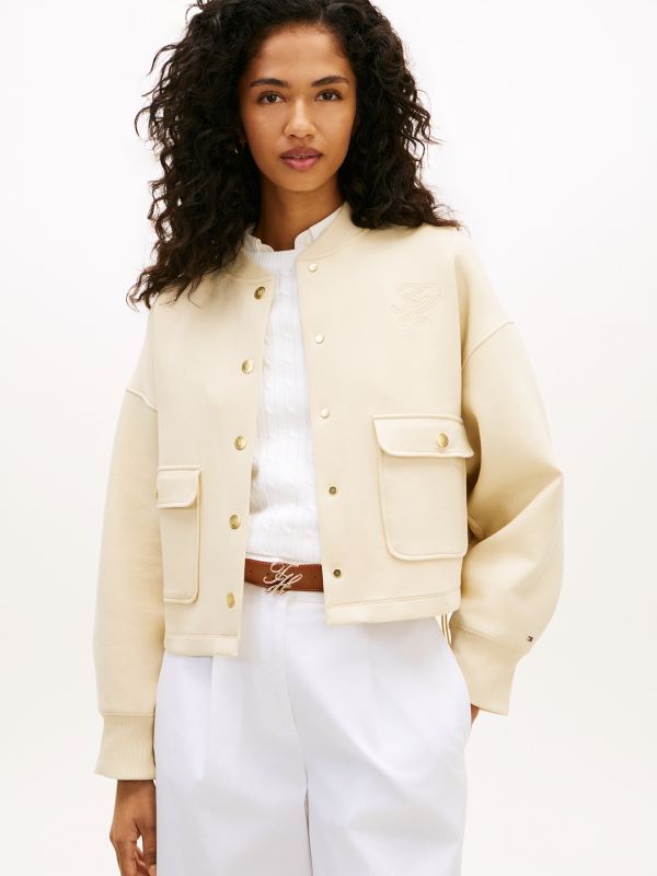 Gold-Tone Button Interlock Knit Relaxed Cardigan — Beige