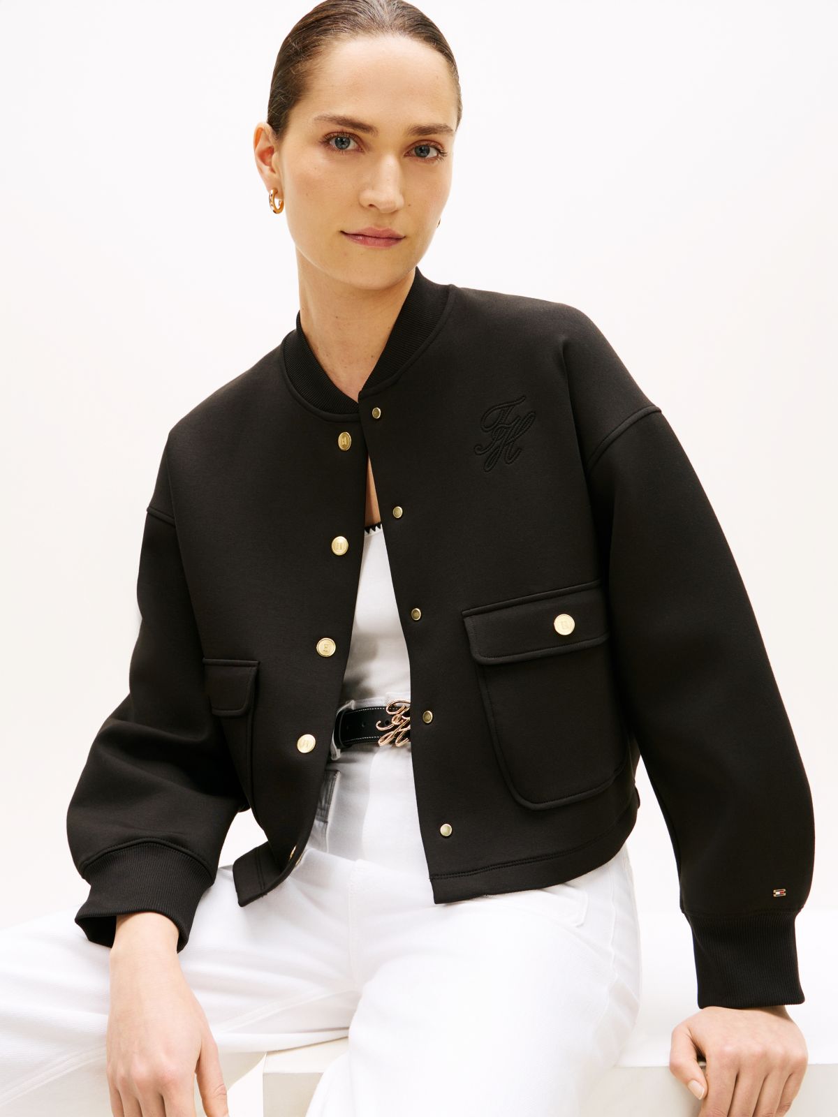 Gold-Tone Button Interlock Knit Relaxed Cardigan — Black