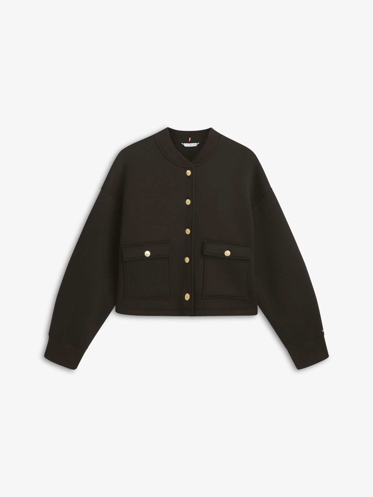 Gold-Tone Button Interlock Knit Relaxed Cardigan — Black