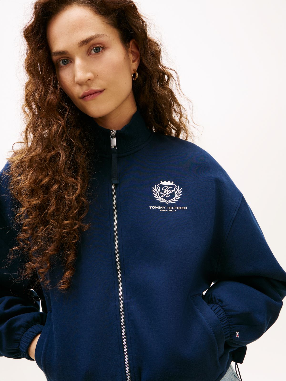 Crest Embroidery Relaxed Zip-Thru Jumper — Blue