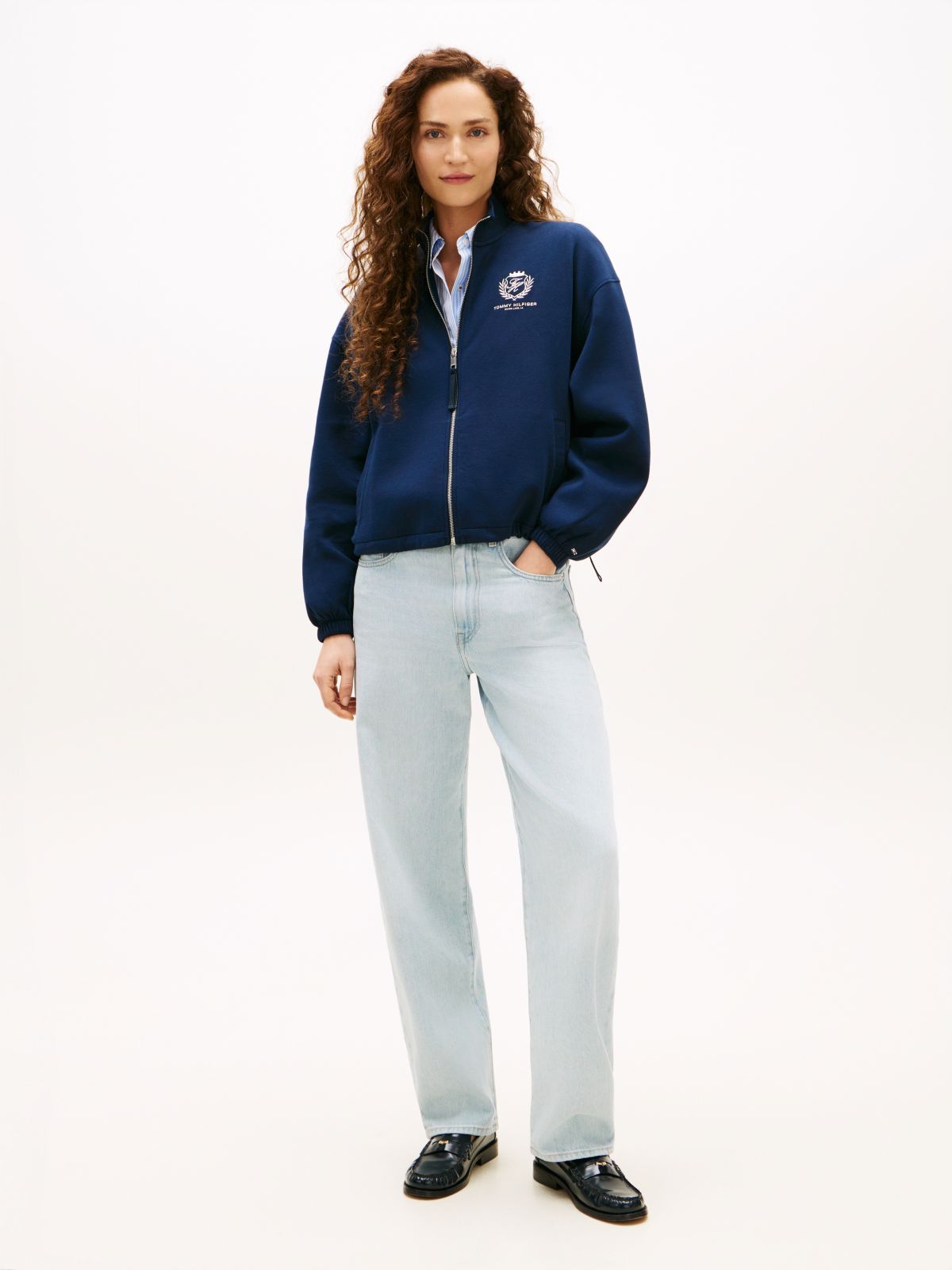 Crest Embroidery Relaxed Zip-Thru Jumper — Blue