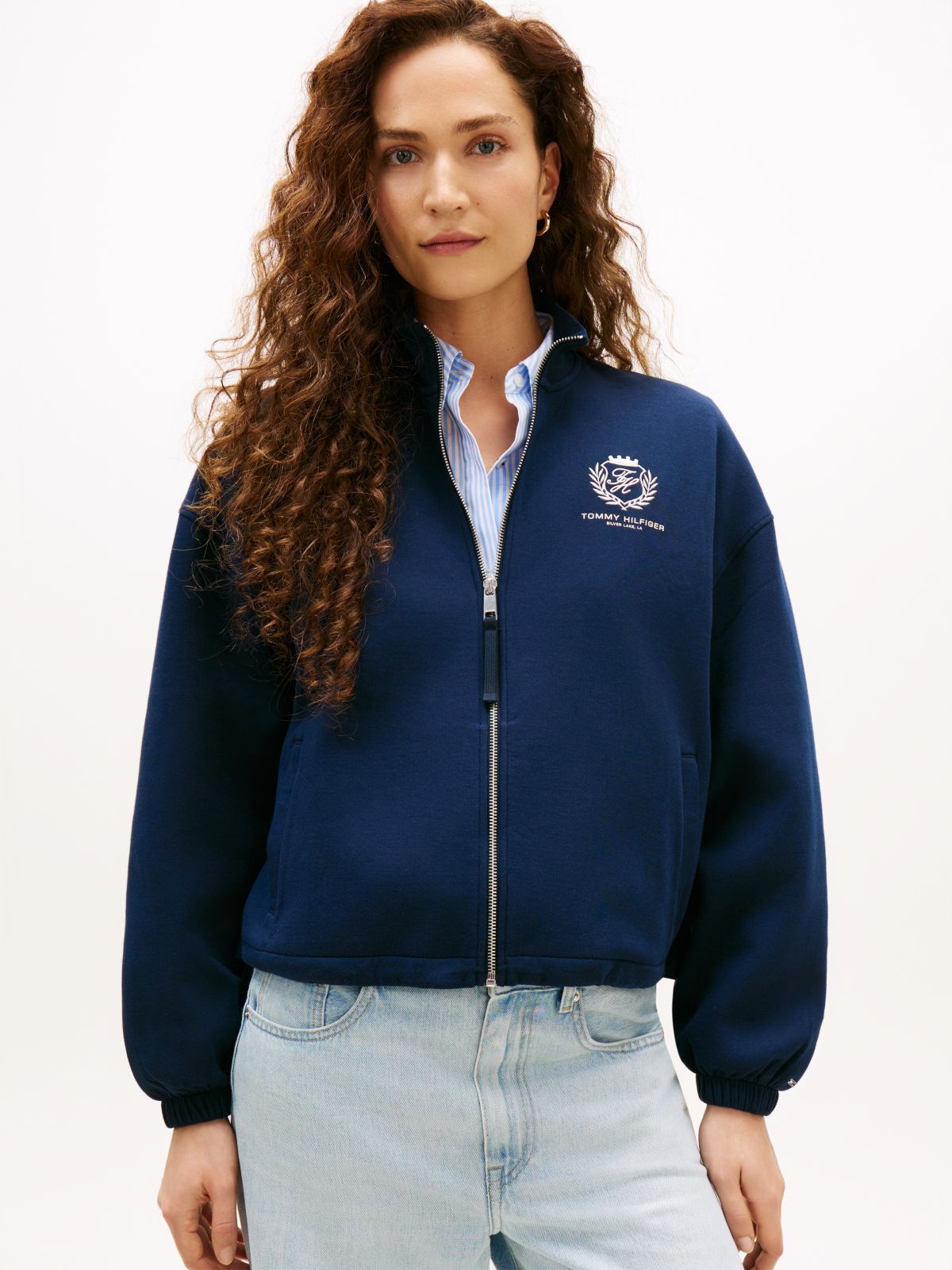 Crest Embroidery Relaxed Zip-Thru Jumper — Blue