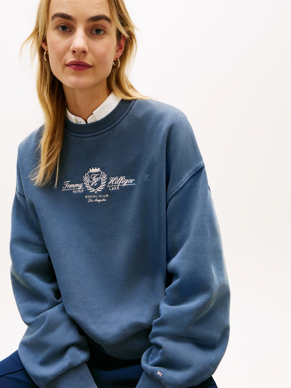 Crest Embroidery Relaxed Terry Sweatshirt — Blue