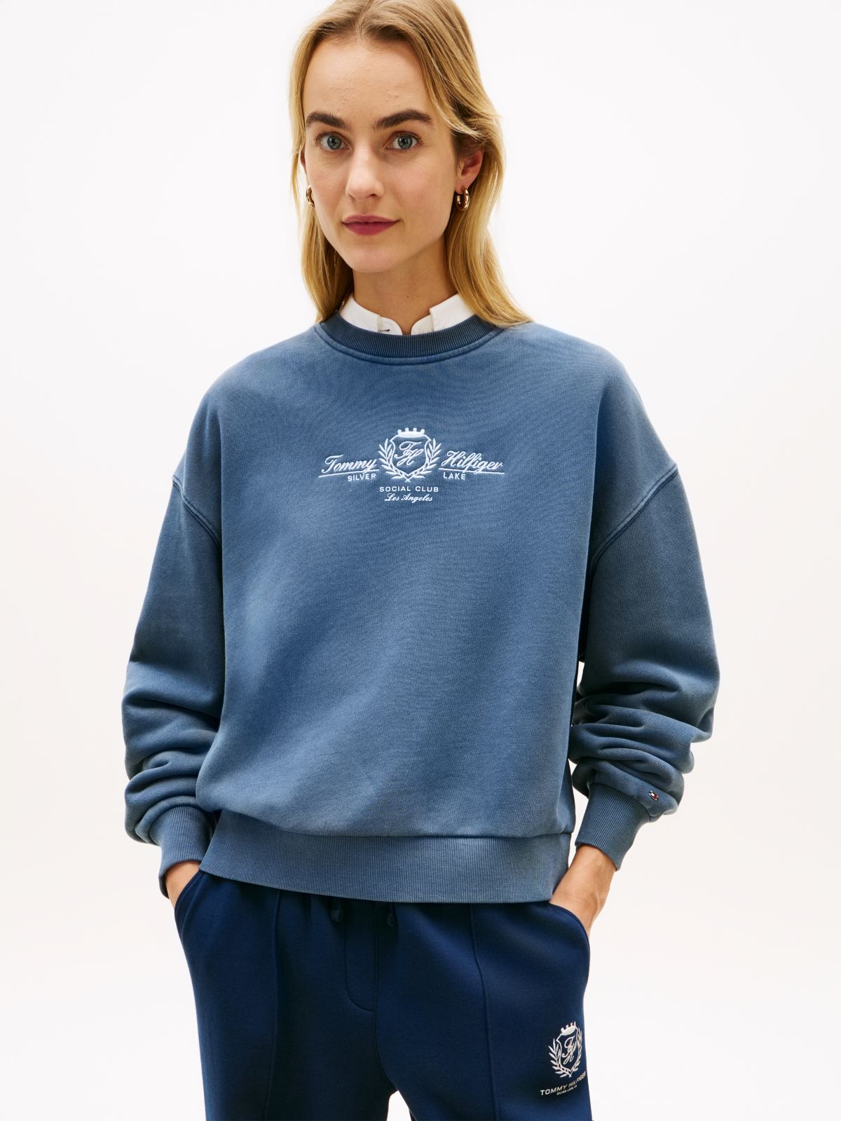 Crest Embroidery Relaxed Terry Sweatshirt — Blue
