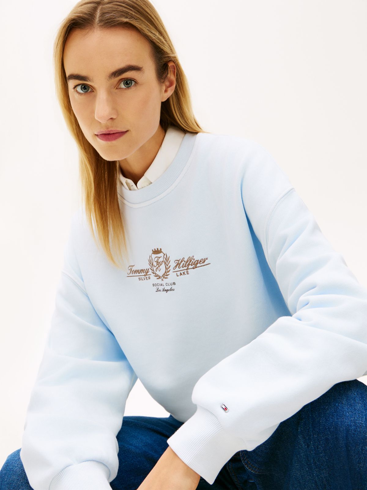 Crest Embroidery Relaxed Terry Sweatshirt — Blue