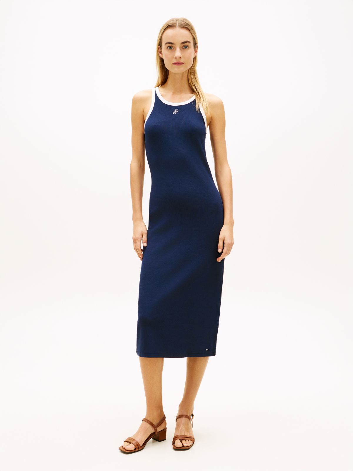 Contrast Trim Slim Midi Bodycon Dress — Blue