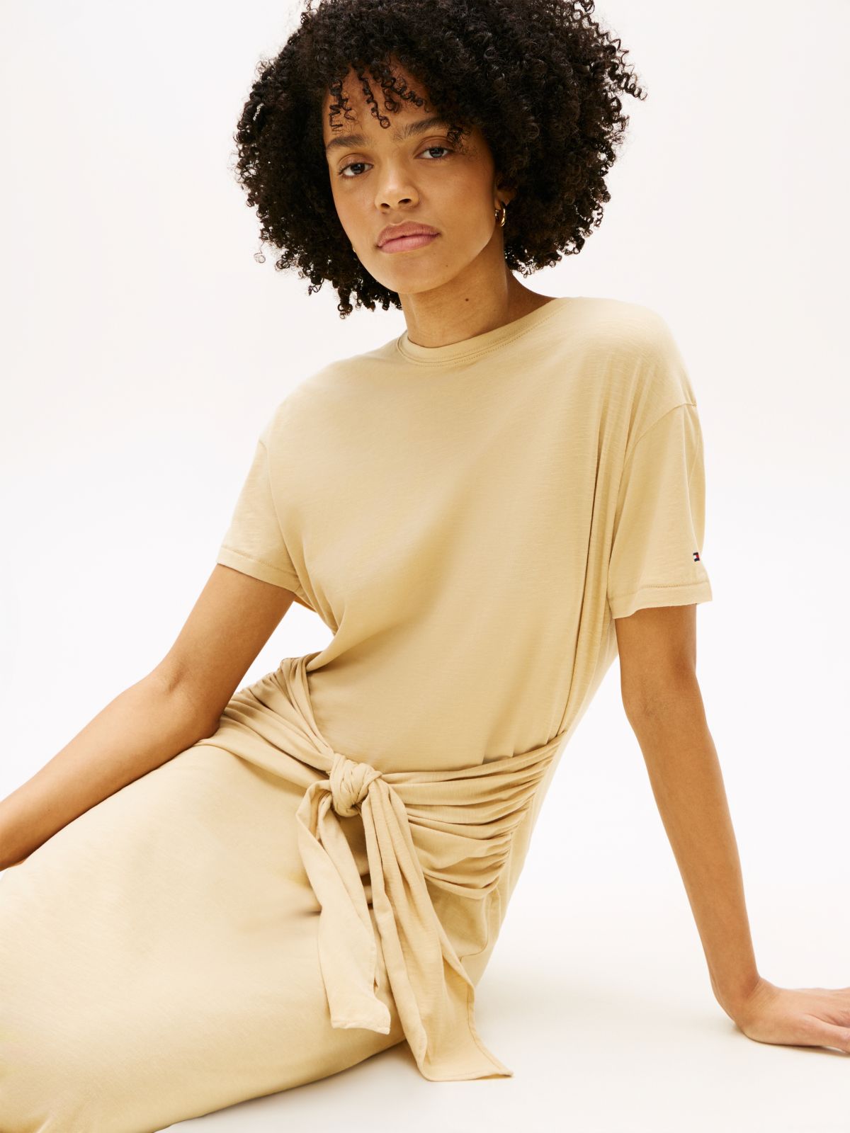 Textured Knot Relaxed Midi T-Shirt Dress — Beige