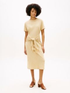 Textured Knot Relaxed Midi T-Shirt Dress — Beige 1