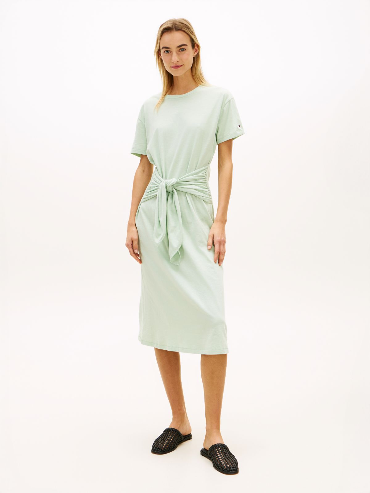 Textured Knot Relaxed Midi T-Shirt Dress — Green