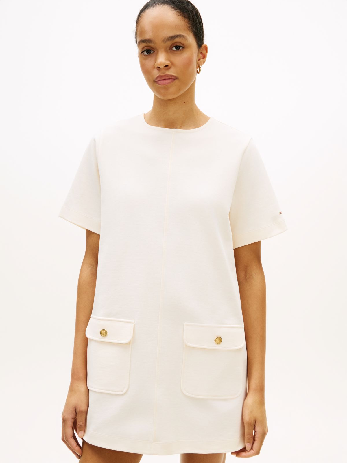 Gold-Tone Button Mini Shift Dress — Beige