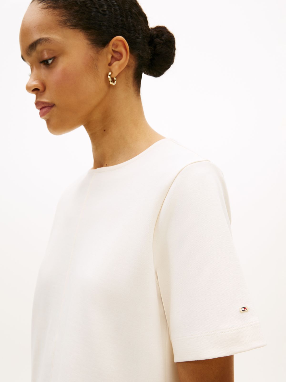 Gold-Tone Button Mini Shift Dress — Beige