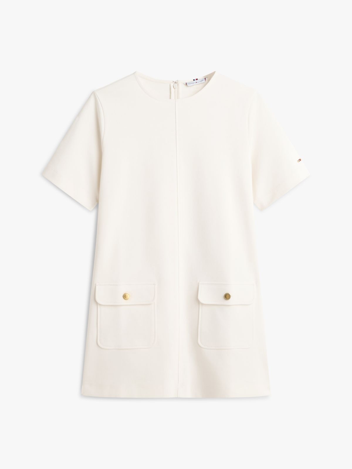 Gold-Tone Button Mini Shift Dress — Beige