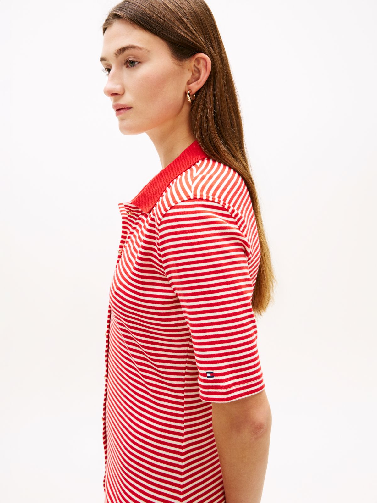 Gold-Tone Button Midi Polo Dress — Red