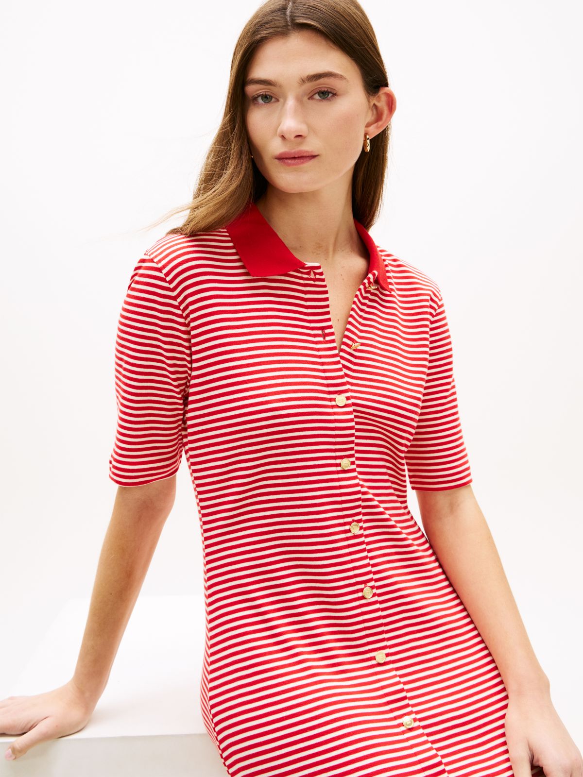 Gold-Tone Button Midi Polo Dress — Red