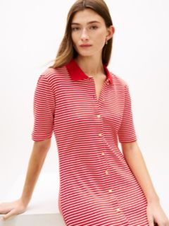 Gold-Tone Button Midi Polo Dress — Red 3