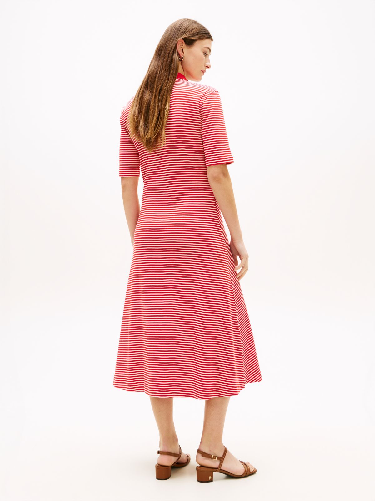 Gold-Tone Button Midi Polo Dress — Red