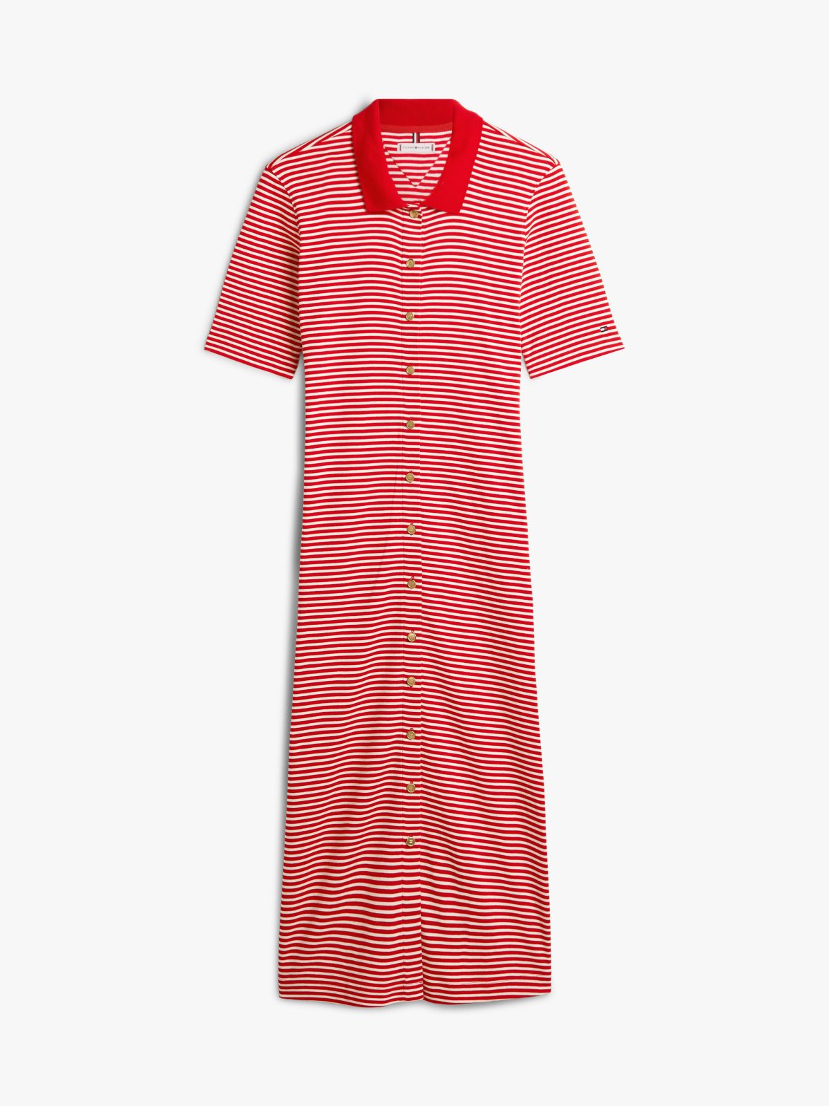 Gold-Tone Button Midi Polo Dress — Red