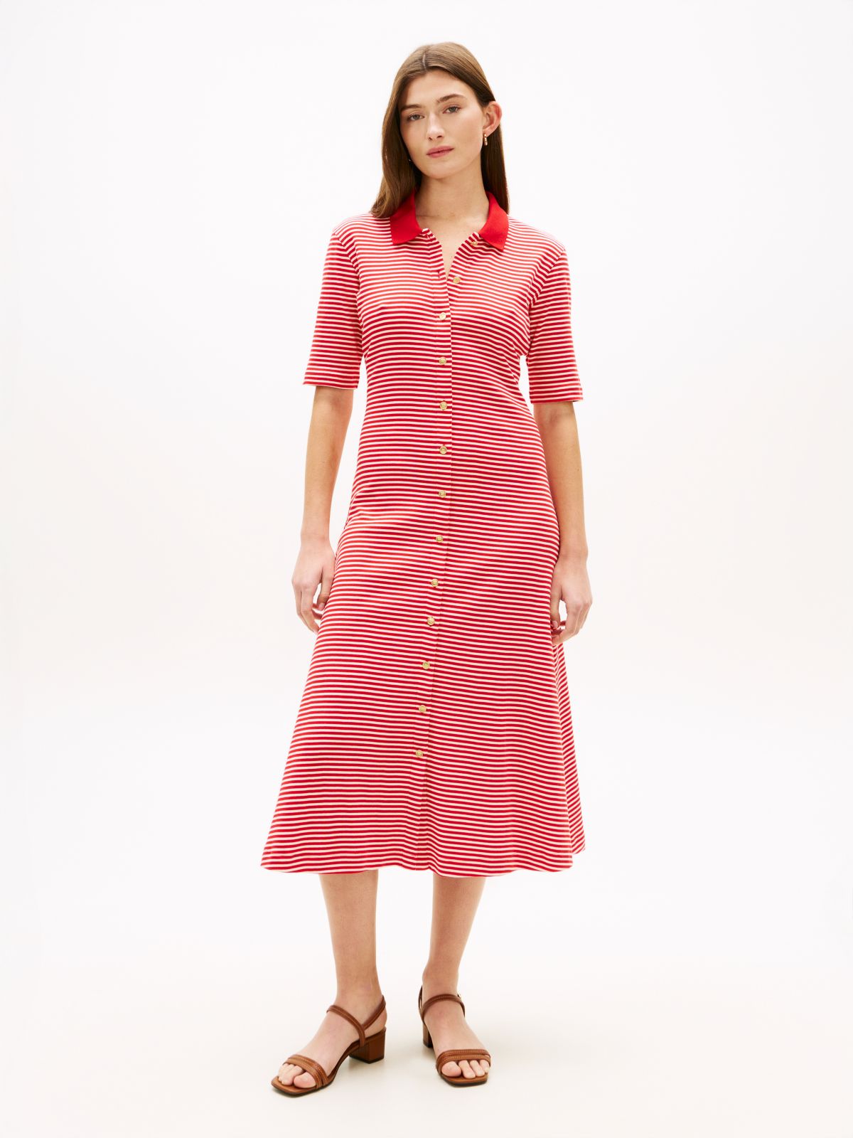 Gold-Tone Button Midi Polo Dress — Red