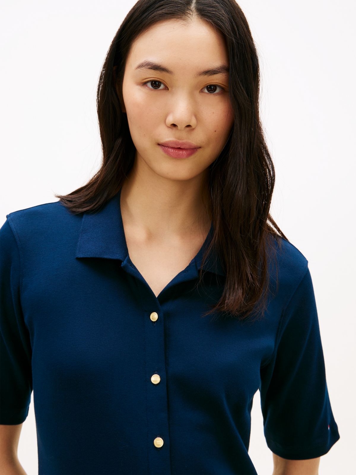 Gold-Tone Button Midi Polo Dress — Blue