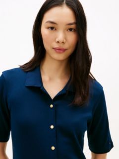 Gold-Tone Button Midi Polo Dress — Blue 2