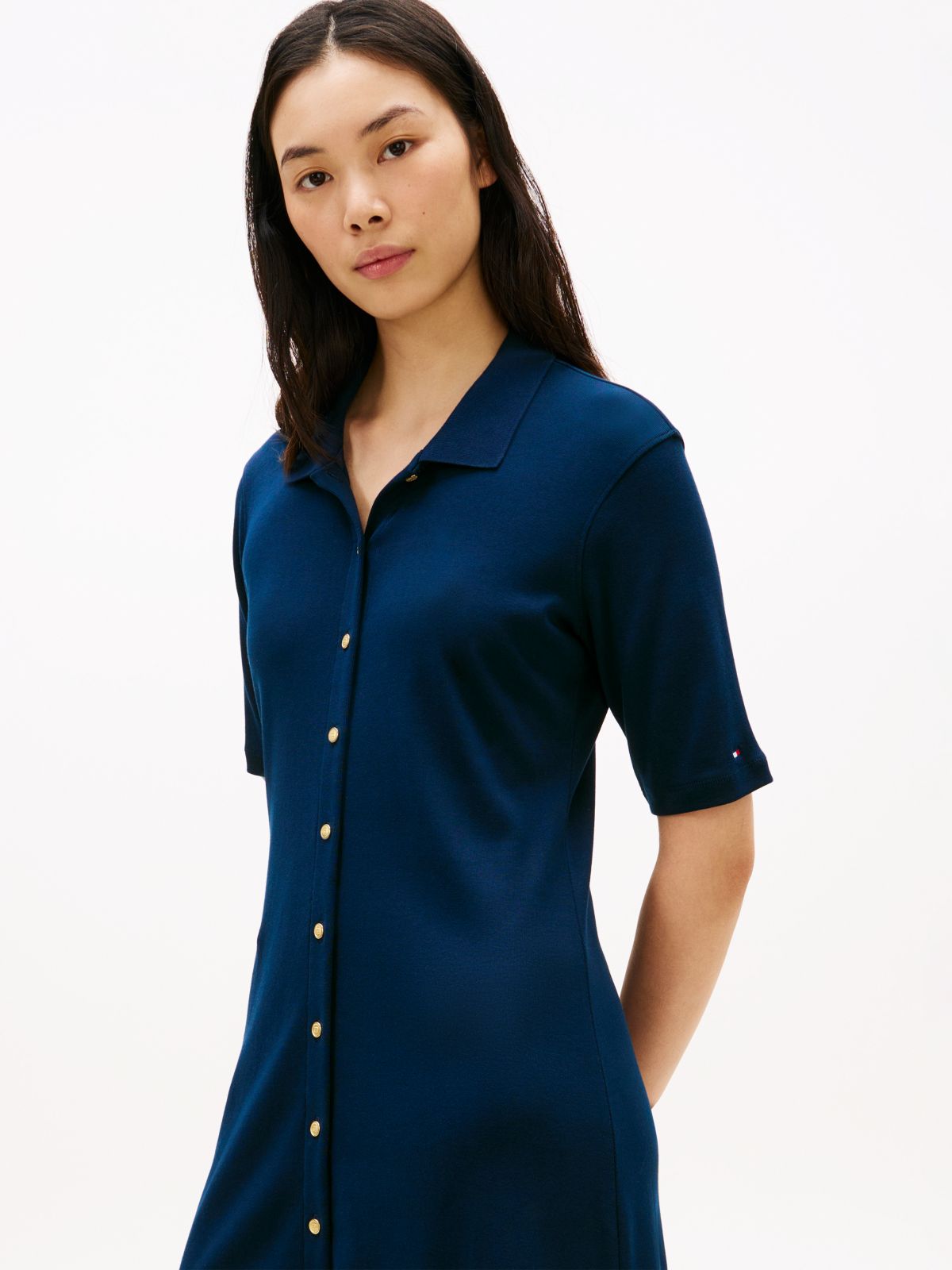 Gold-Tone Button Midi Polo Dress — Blue