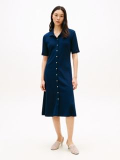 Gold-Tone Button Midi Polo Dress — Blue 1