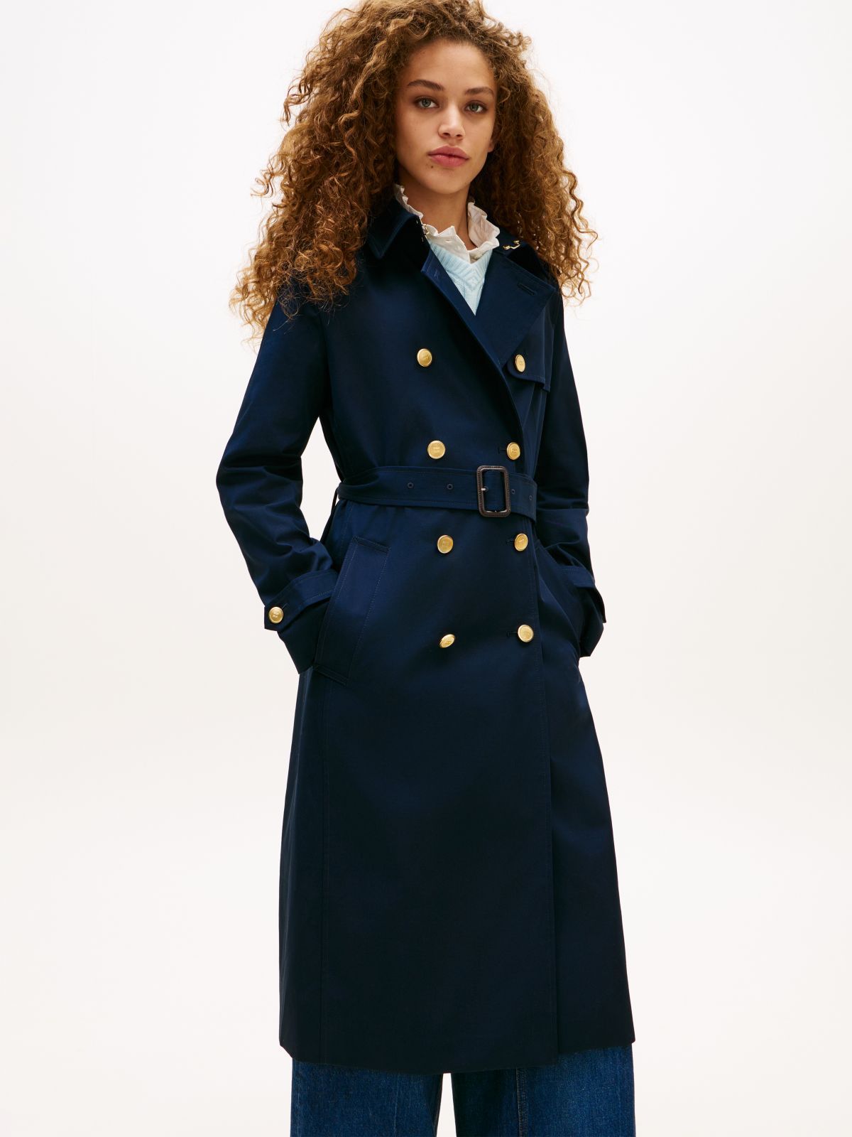 Gold-Tone Button Slim Trench Coat — Blue
