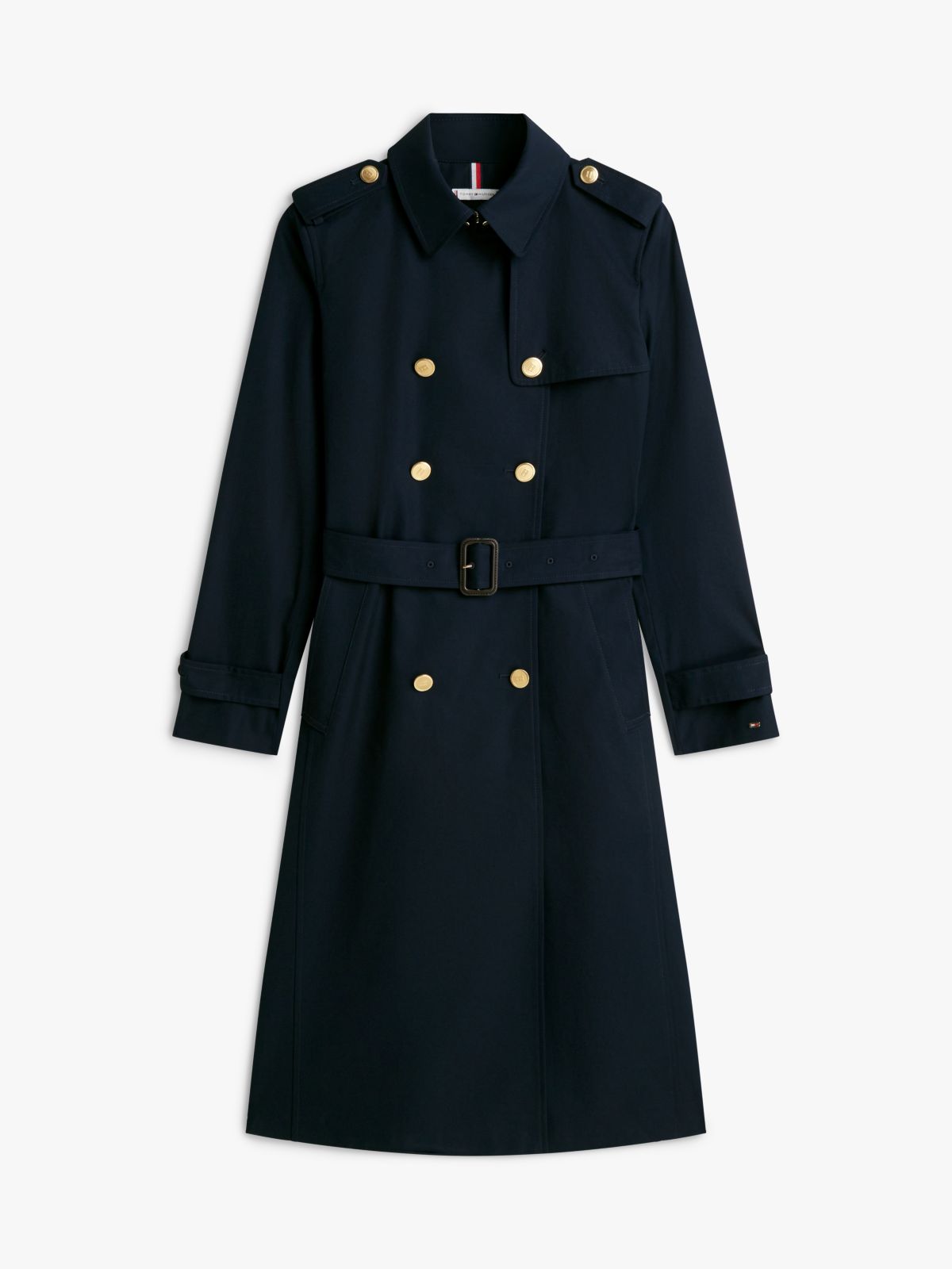 Gold-Tone Button Slim Trench Coat — Blue