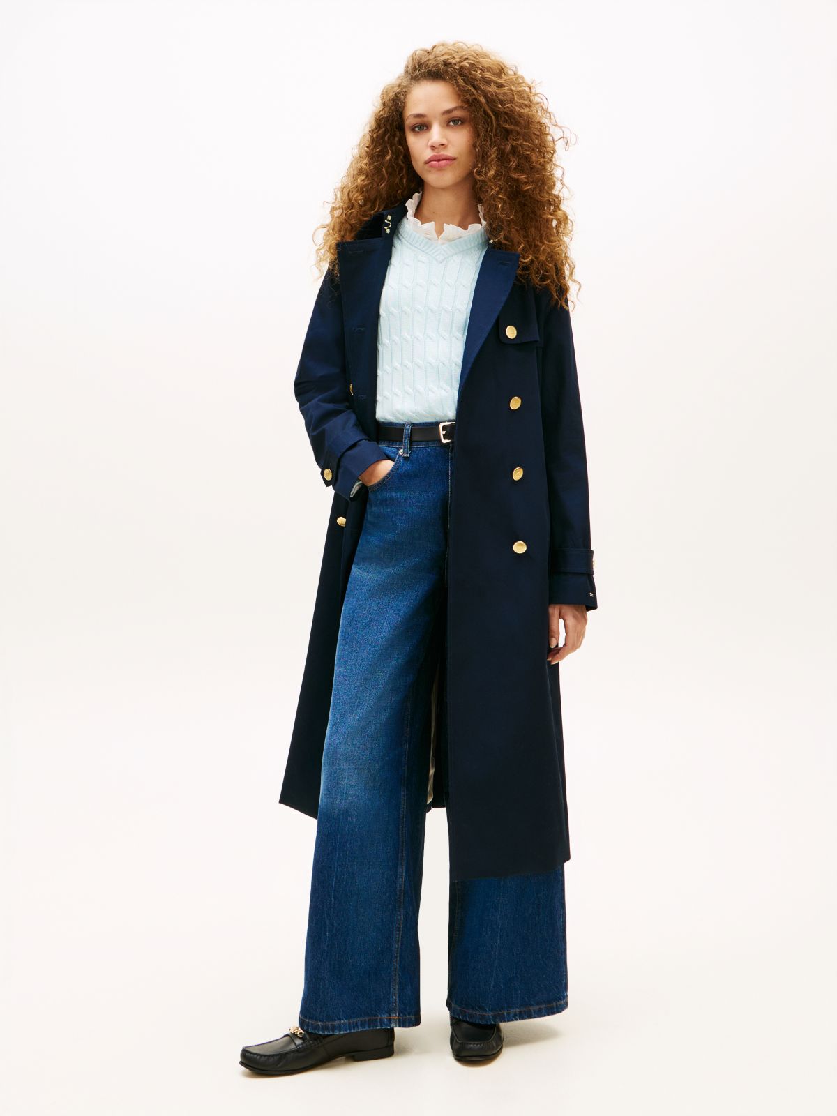 Gold-Tone Button Slim Trench Coat — Blue