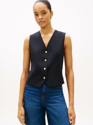 blue timeless wool blend gold-tone button waistcoat for women tommy hilfiger