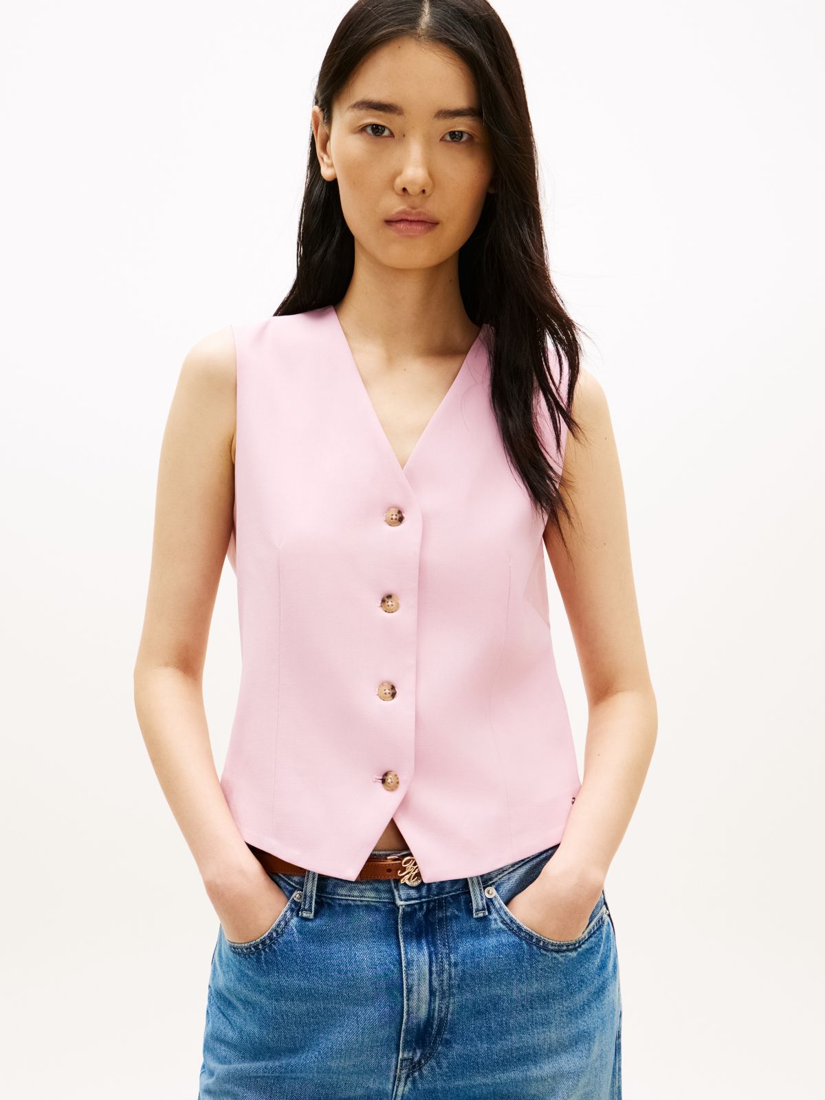 Timeless Wool Blend Gold-Tone Button Waistcoat — Pink