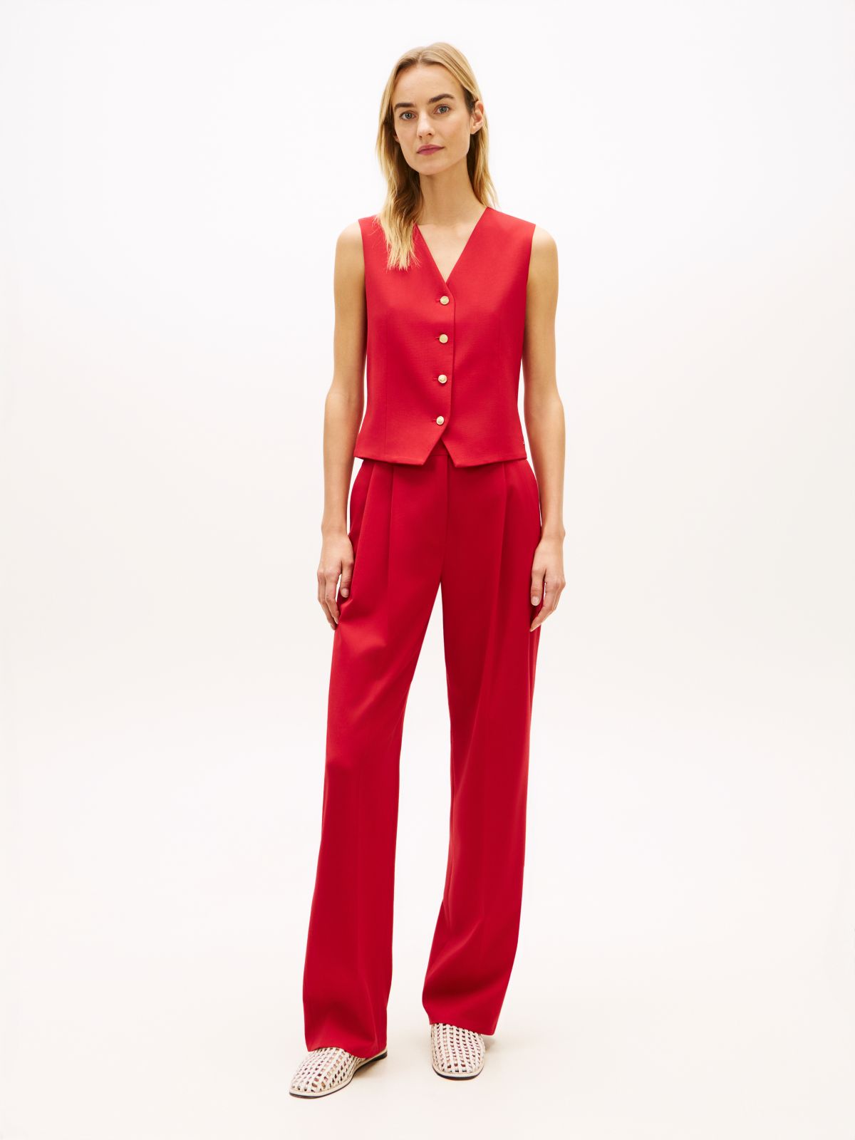 Timeless Wool Blend Gold-Tone Button Waistcoat — Red