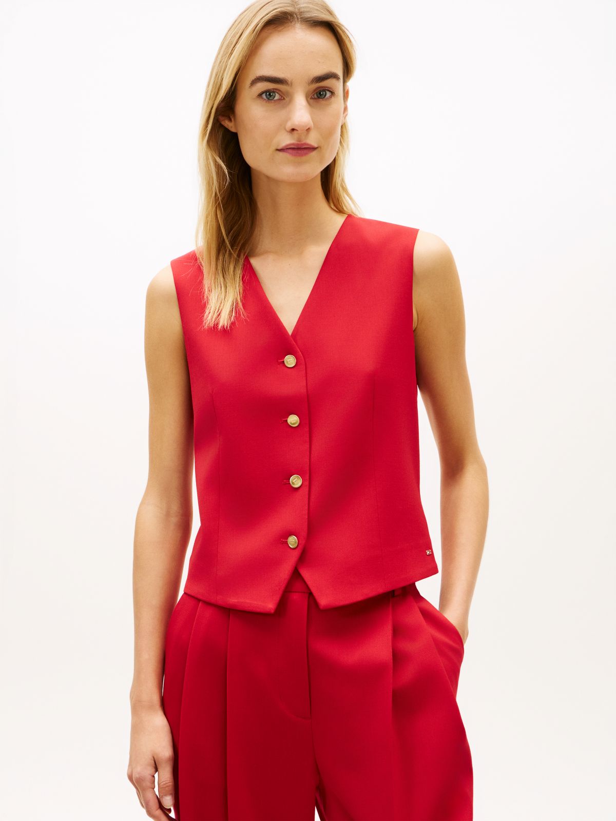 Timeless Wool Blend Gold-Tone Button Waistcoat — Red