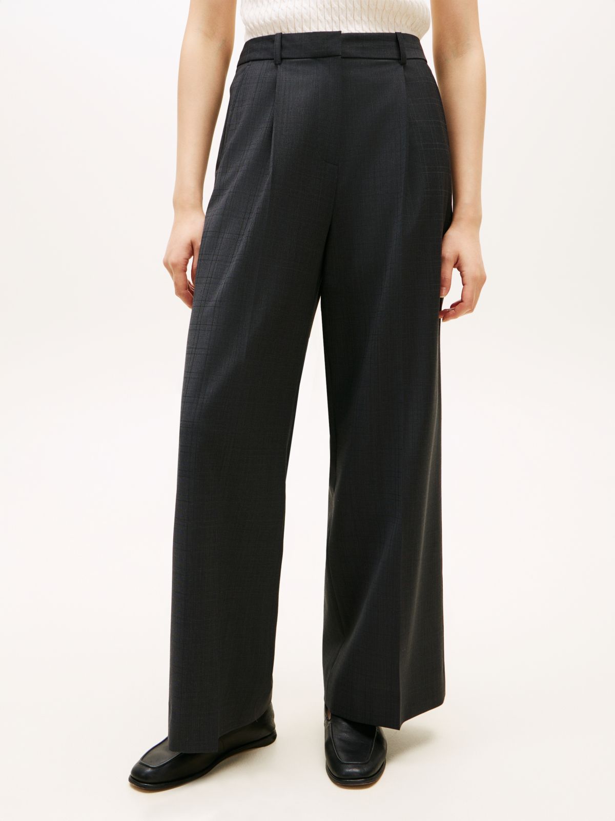 Wool Blend Check Wide Leg Trousers — Grey