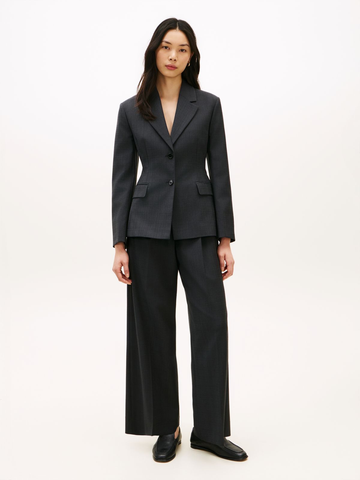 Wool Blend Check Wide Leg Trousers — Grey