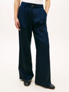 Linen Blend Belted Wide Leg Trousers — Blue 2