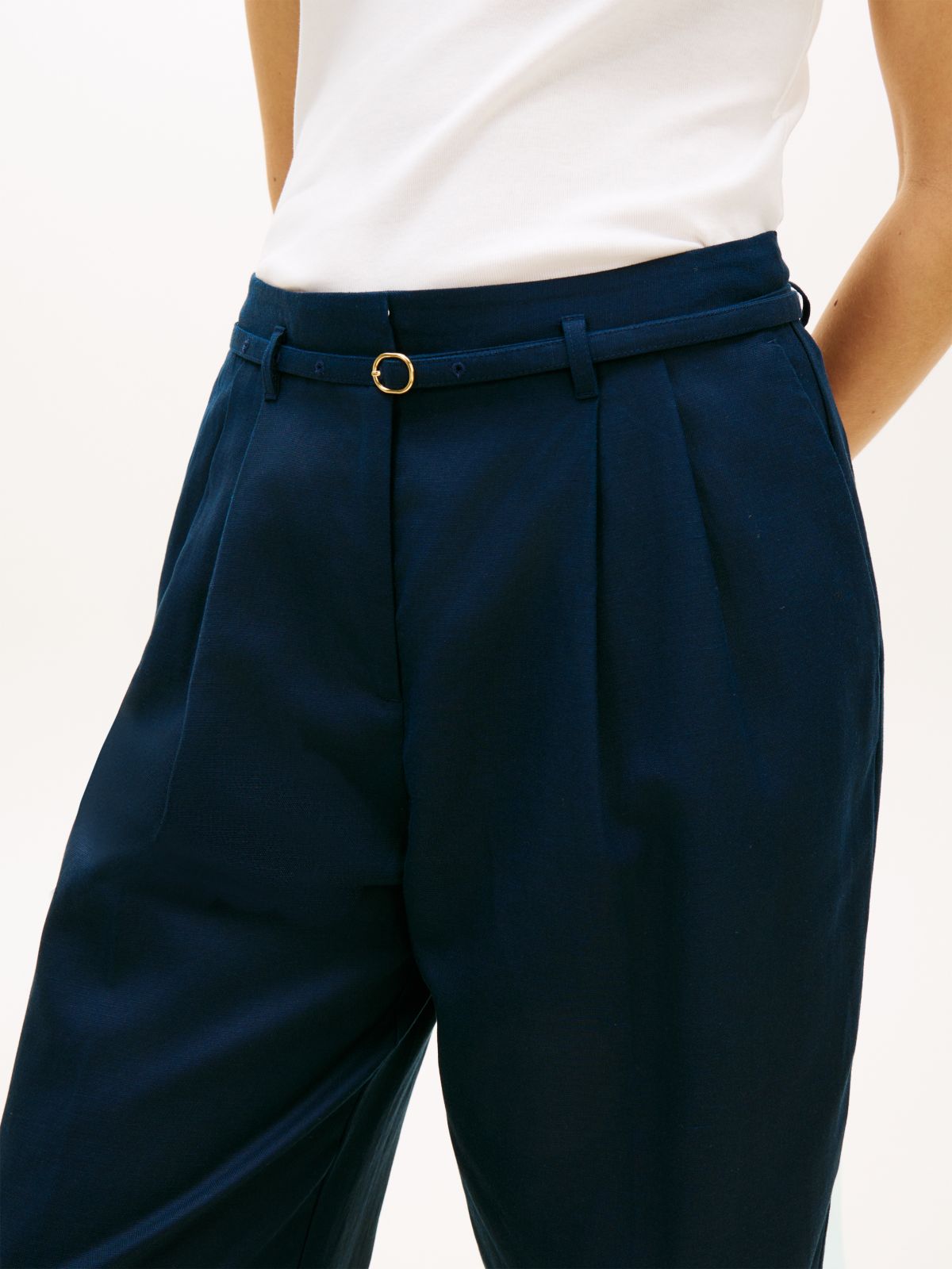 Linen Blend Belted Wide Leg Trousers — Blue