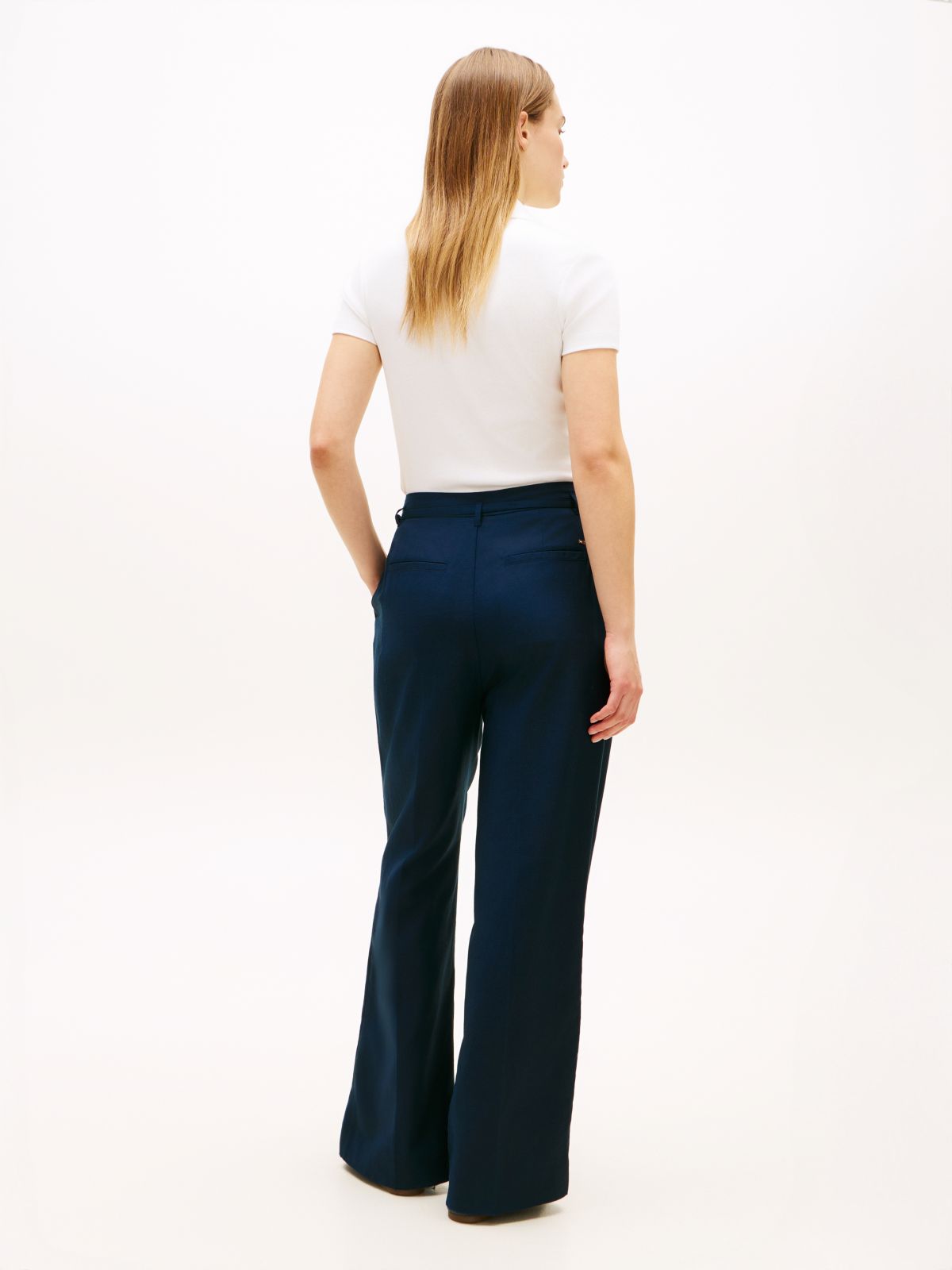 Linen Blend Belted Wide Leg Trousers — Blue