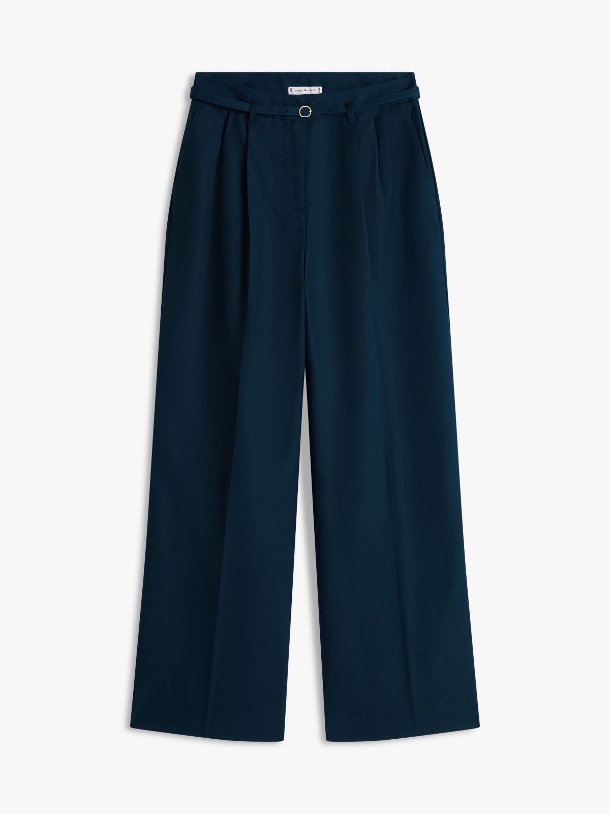Linen Blend Belted Wide Leg Trousers — Blue