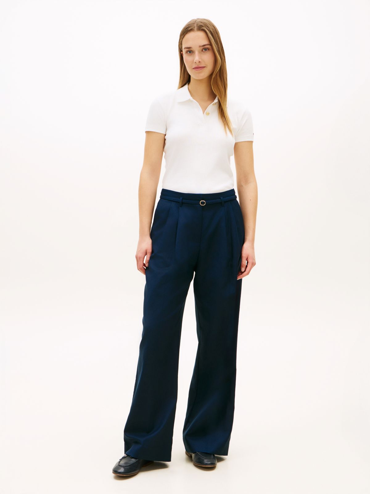 Linen Blend Belted Wide Leg Trousers — Blue