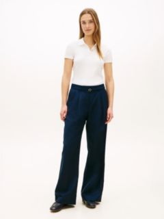 Linen Blend Belted Wide Leg Trousers — Blue 1