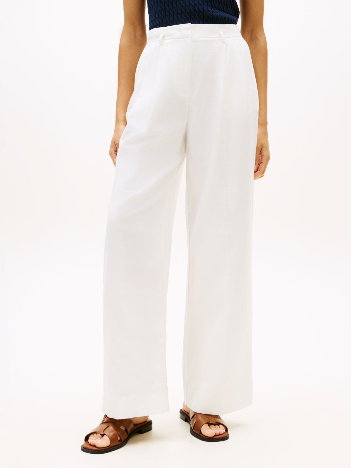 Linen Blend Belted Wide Leg Trousers — White