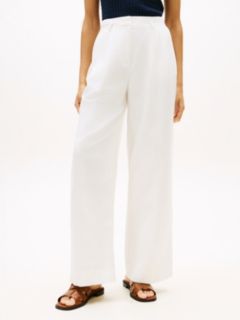 Linen Blend Belted Wide Leg Trousers — White 2