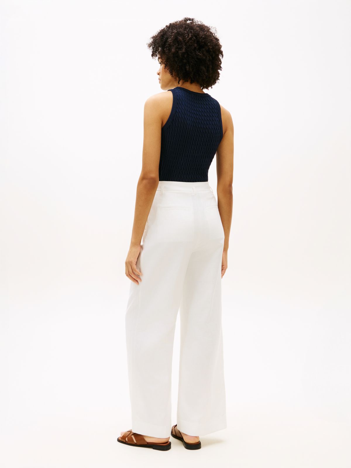 Linen Blend Belted Wide Leg Trousers — White