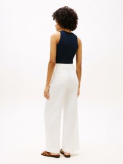 Linen Blend Belted Wide Leg Trousers — White 4
