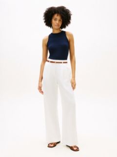 Linen Blend Belted Wide Leg Trousers — White 1