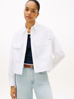 white loose fit concealed placket utility shirt for women tommy hilfiger