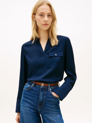 chemisier décontracté à bouton dorés col en v blue pour femmes tommy hilfiger