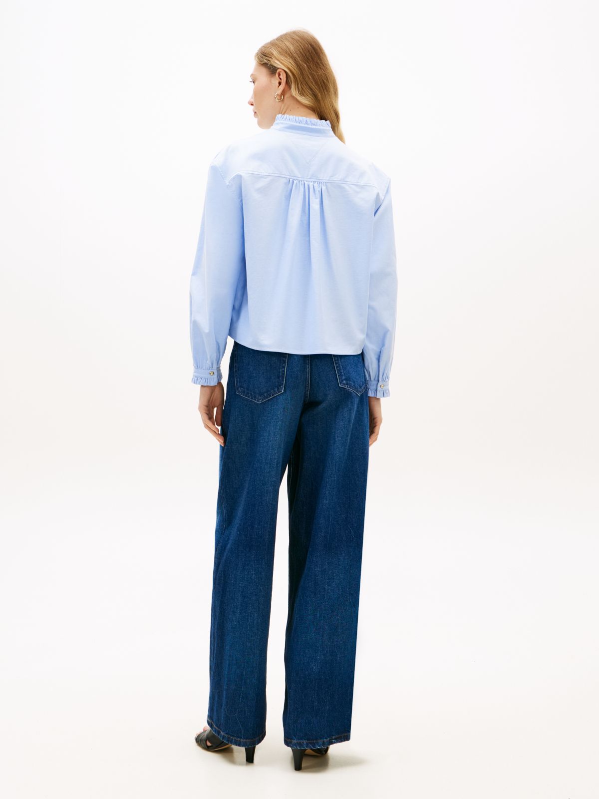 Boxy Fit Ruffle Short Oxford Shirt — Blue